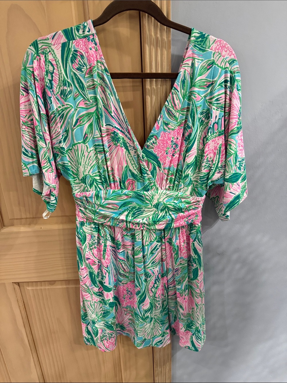 Lilly Pulitzer Womens Floral Romper Green Pink Surplice V Neck Size S